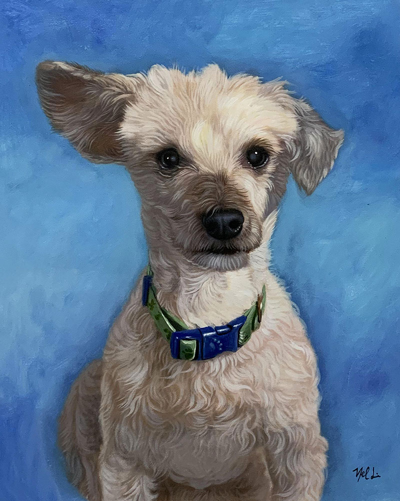 Beautiful oil artwork of a dog with a blue background