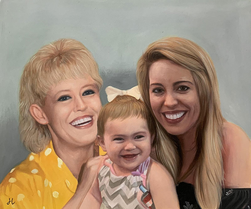 Painted portrait of three smiling women and a toddler.