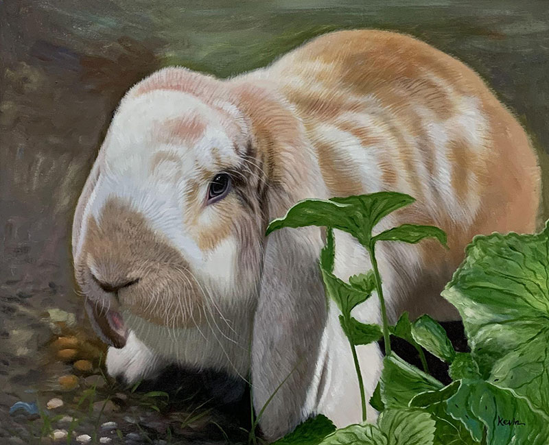 Painting of a tan and white lop-eared rabbit among green plants.