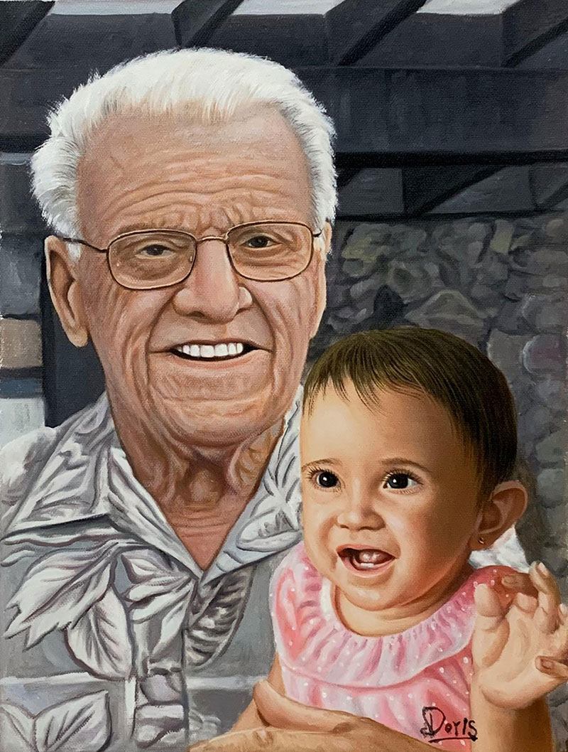 Custom oil painting of a grandfather with a granddaughter