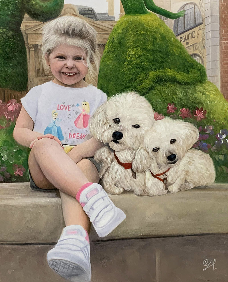 Personalized oil painting of a smiling girl with two dogs