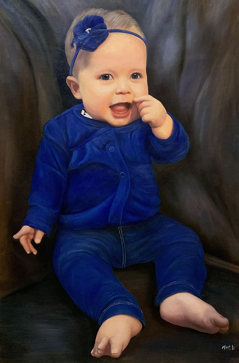Painting of a smiling baby wearing blue clothes and a blue headband with a flower.
