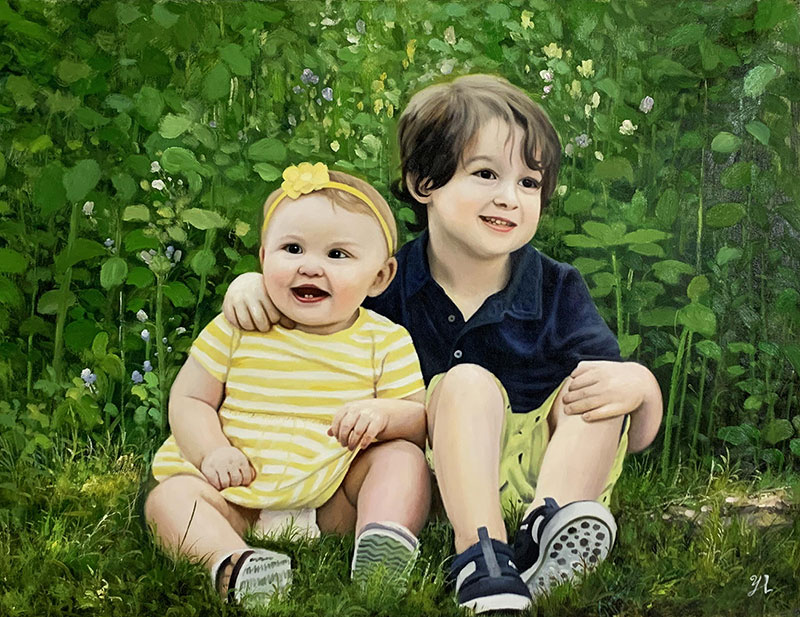 Painting of a toddler girl in a yellow dress and a young boy sitting together in a garden.