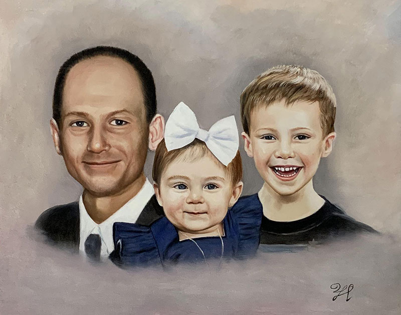 Portrait painting of a father with his young son and daughter.