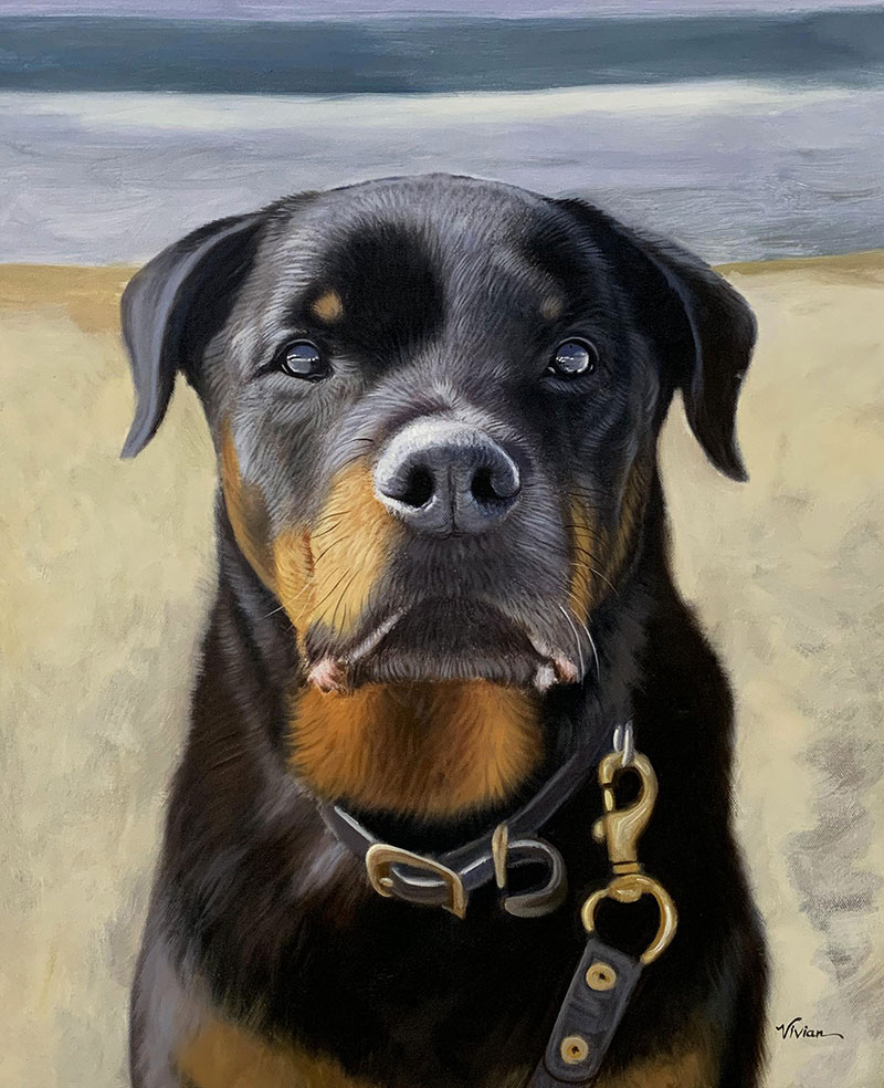 Painting of a Rottweiler at the beach