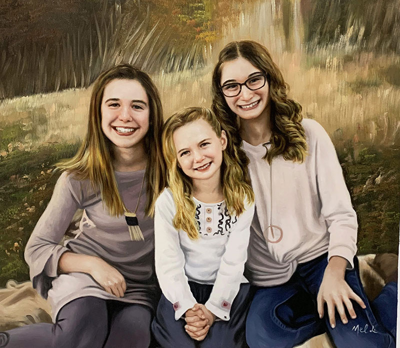 Painted portrait of three sisters sitting together outdoors