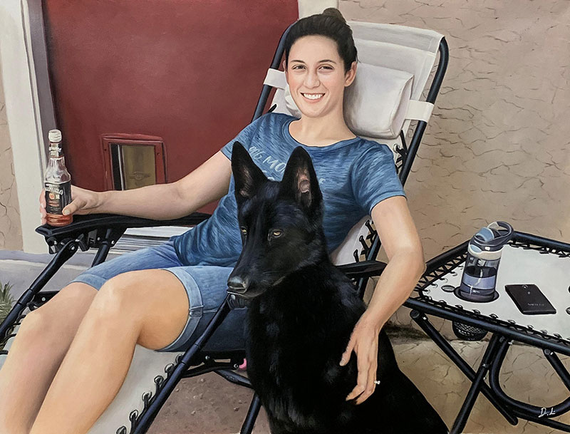 Beautiful oil painting of girl with a black dog