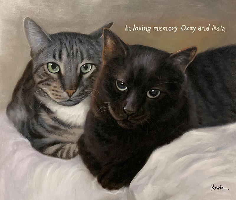 Painting of Ozzy and Nala, a gray tabby cat and a black cat.