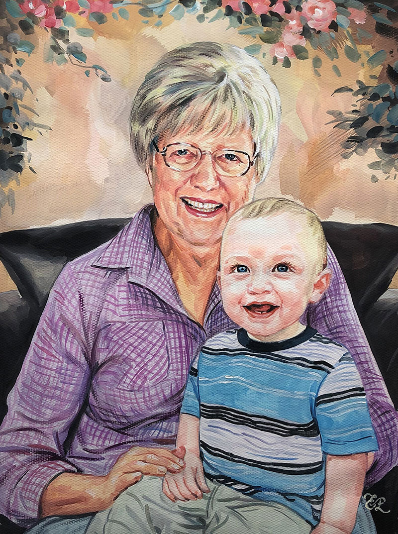 Beautiful pastel artwork of a grandmother and a grandchild