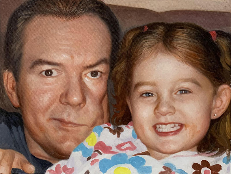 Personalized oil artwork of a man and a smiling girl
