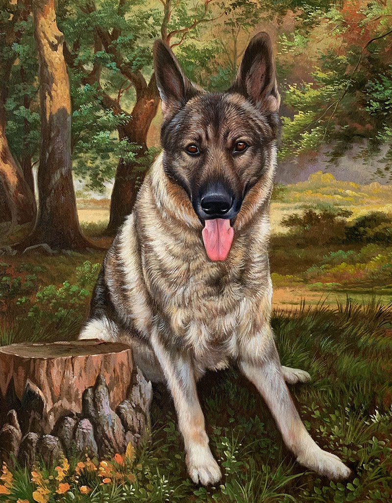Painting of a German Shepherd sitting by a tree stump in a forest.