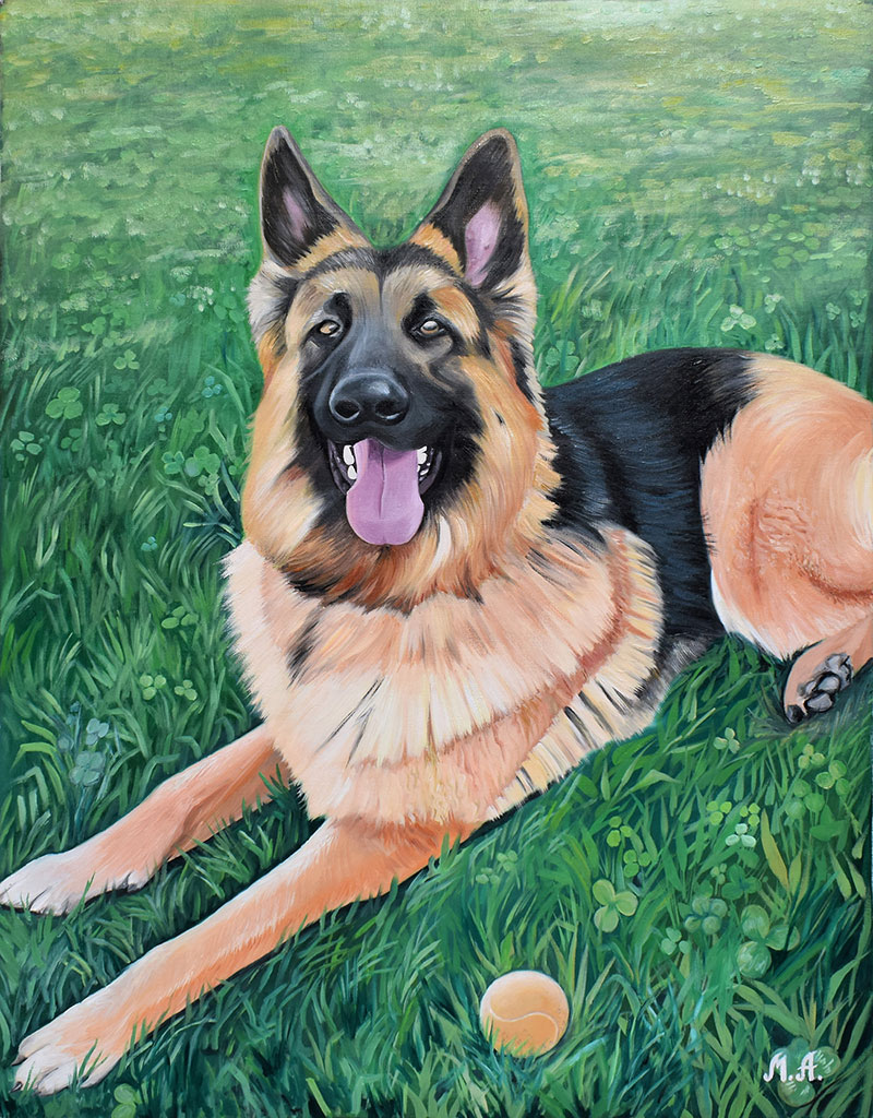 an oil painting of a smiling german shepherd in grass