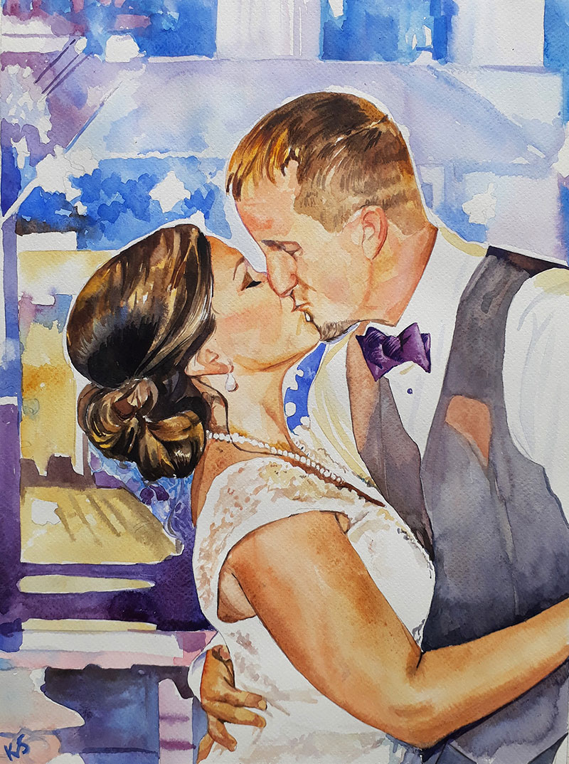 watercolor painting of bride and groom's first kiss