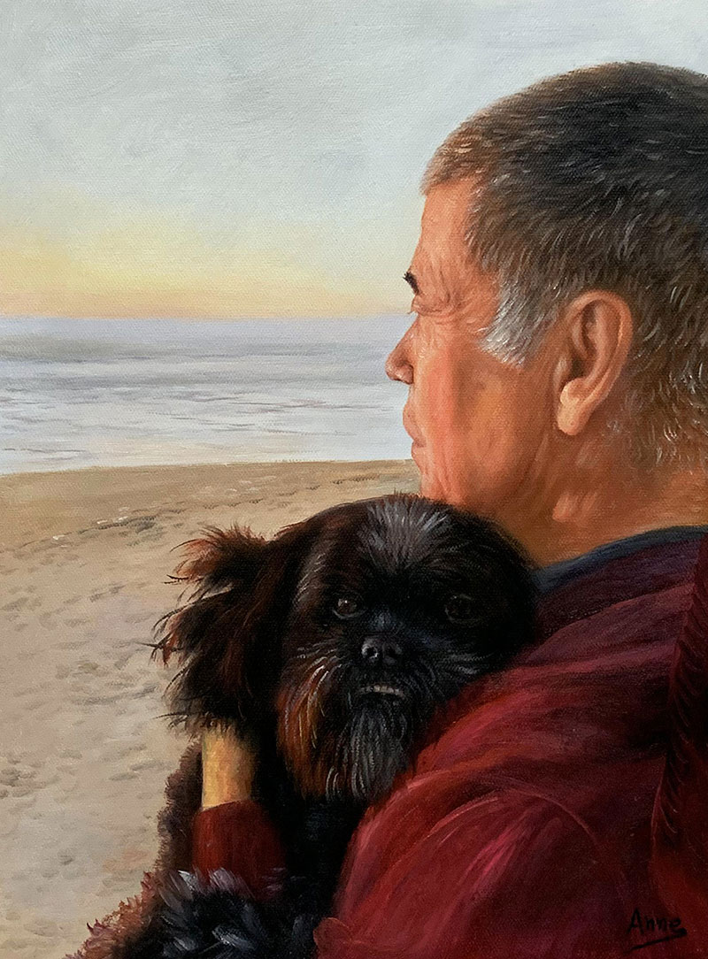 Stunning artwork of a man and a dog by the sea 
