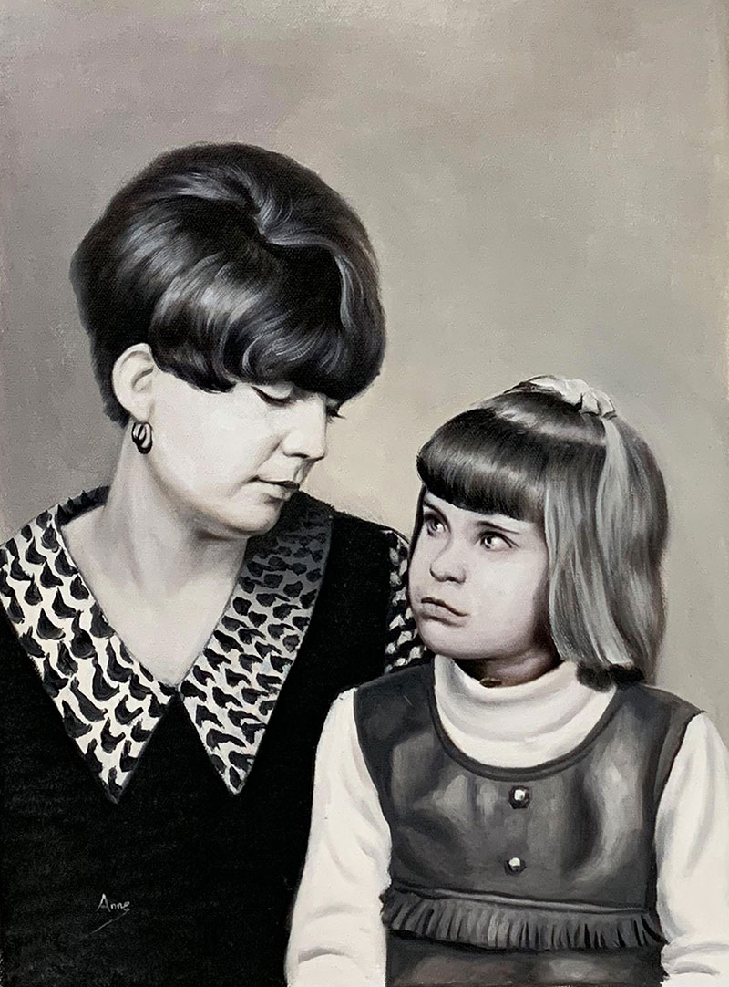 Vintage oil painting of a mother and a daughter