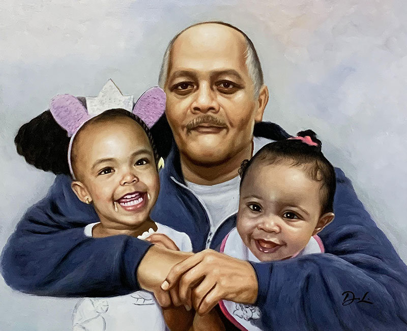 Personalized oil portrait of a grandfather with two girls