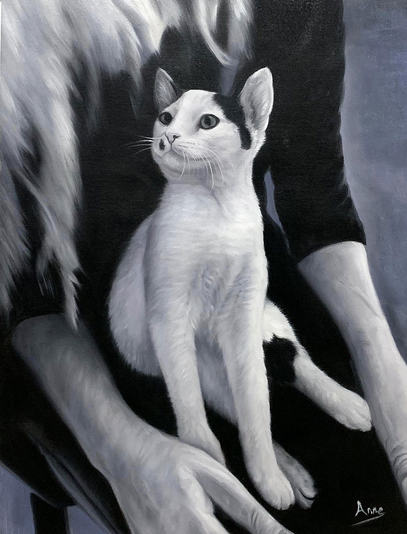 Custom black and white oil painting of a cat