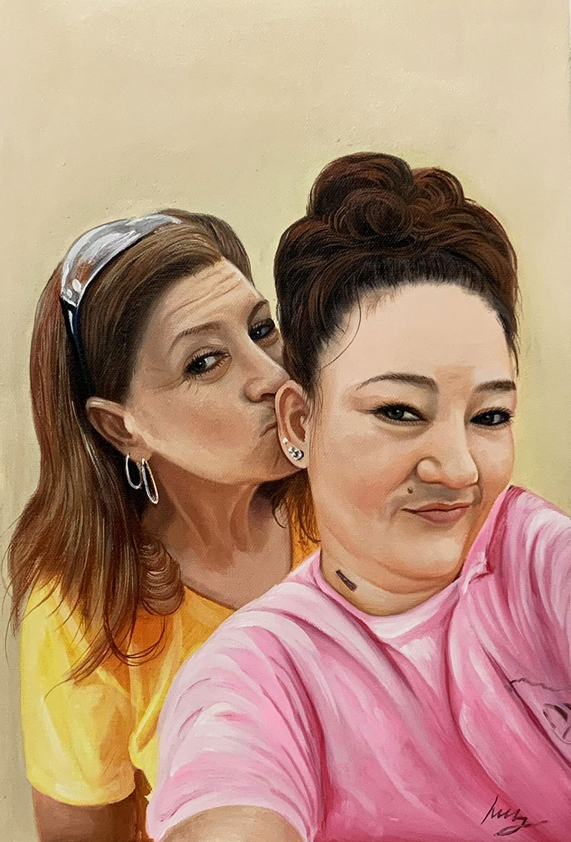 Custom oil painting of two friends with a solid background