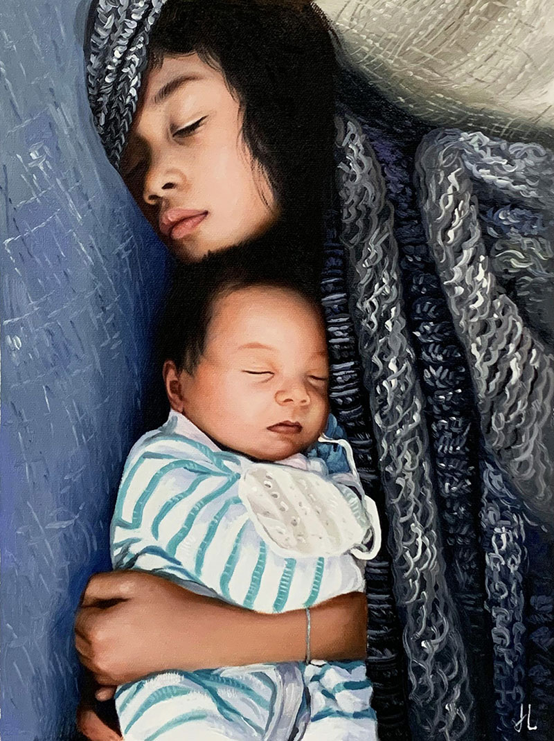 Gorgeous oil painting of a mother holding a baby