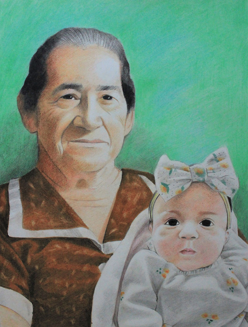 Beautiful color pencil painting of a woman with a baby