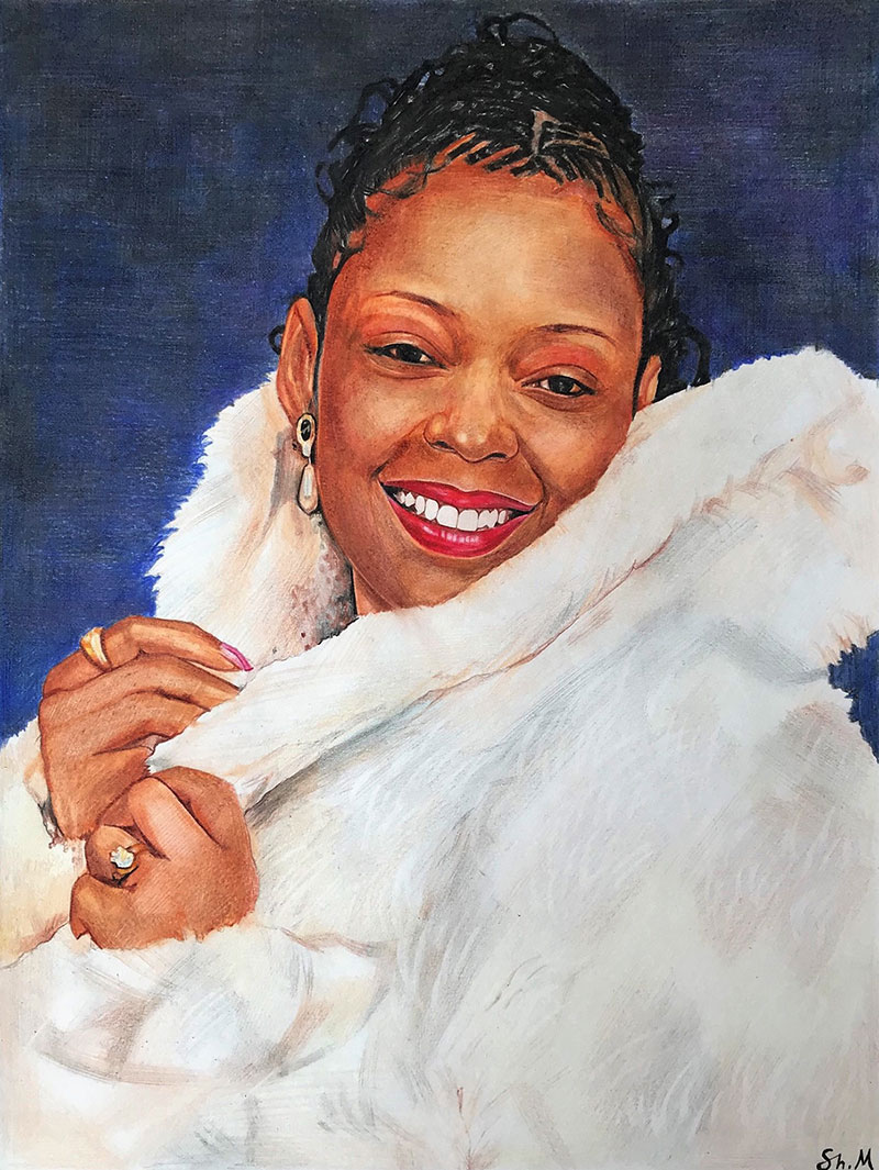custom colored pencil drawing of a woman with a furry coat