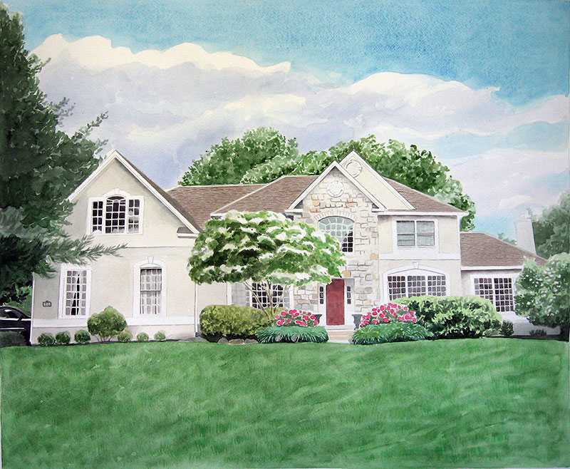custom watercolor painting of a white brick house 