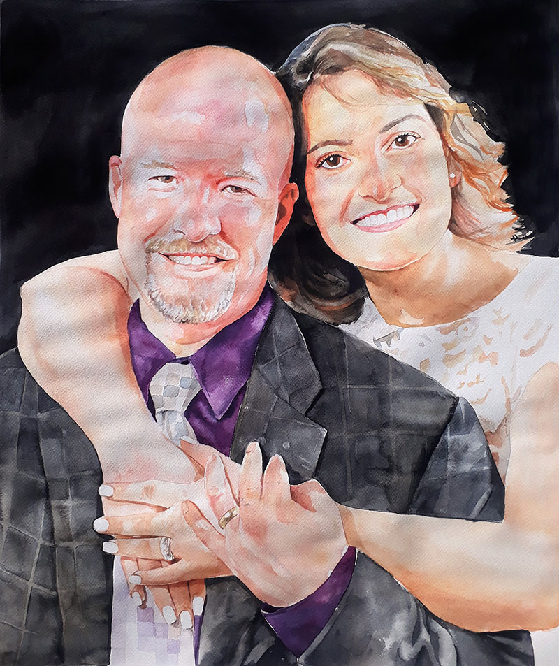 custom watercolor painting of woman with arm around man