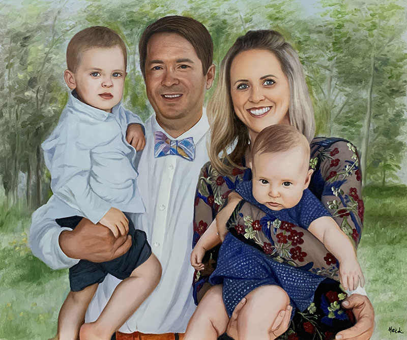 Family portrait painting, parents holding young children.