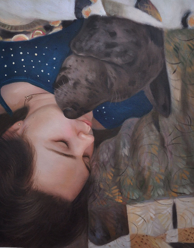 Handmade oil painting of a girl hugging her pet