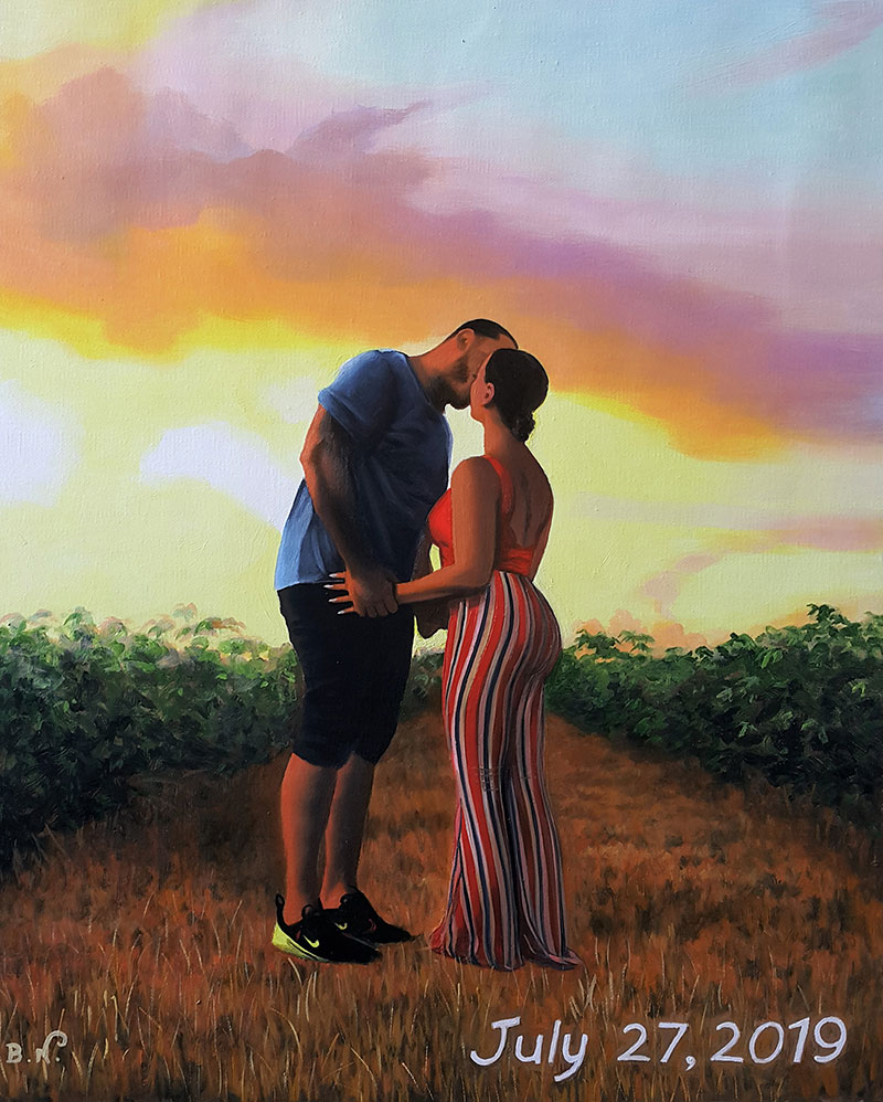 custom oil portrait of couple kissing at sunset