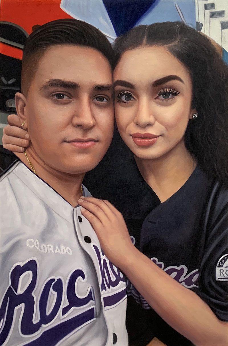 photo to painting of couple hugging at baseball game
