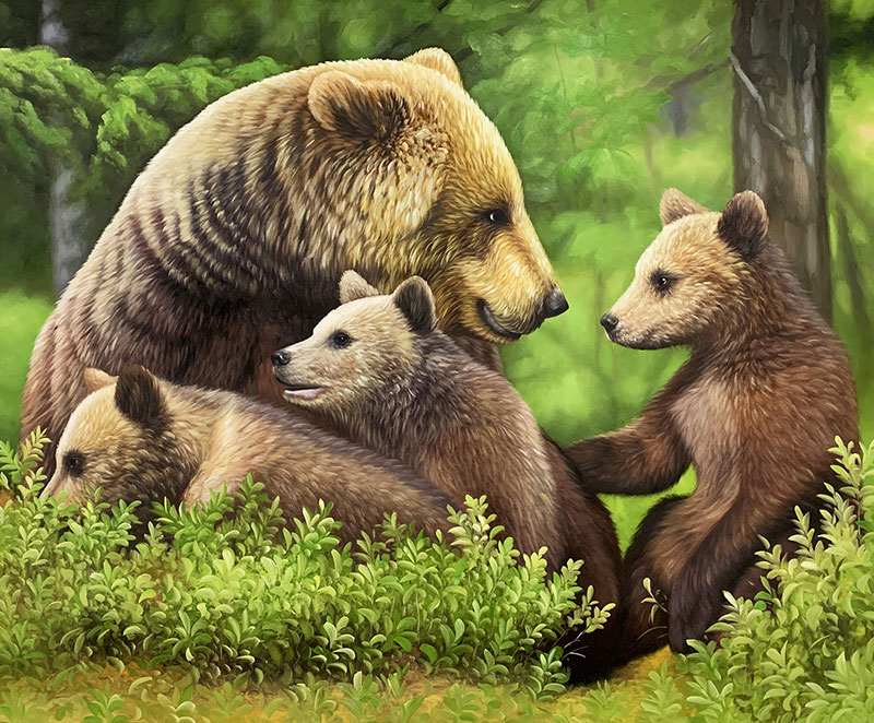 picture to painting of family of bear and cubs