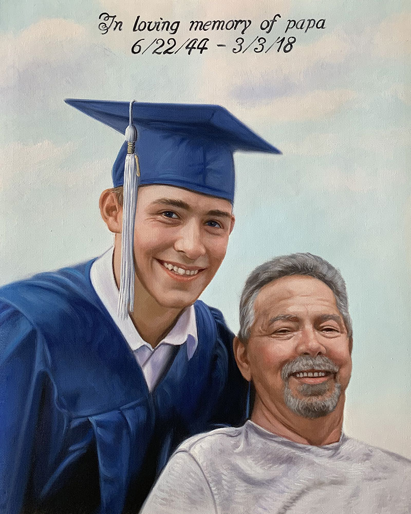 Handmade oil painting of a graduate and his father