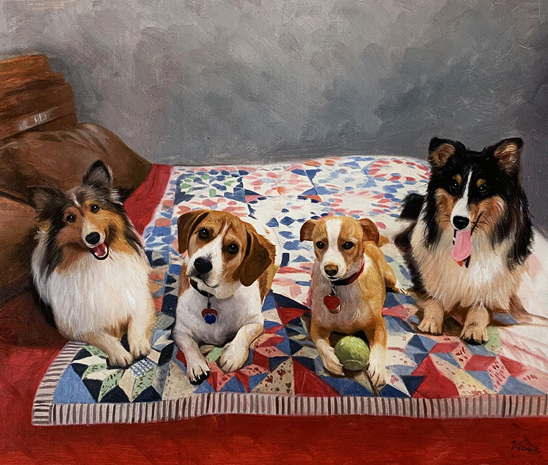 an oil painting of dogs on a patterned bed