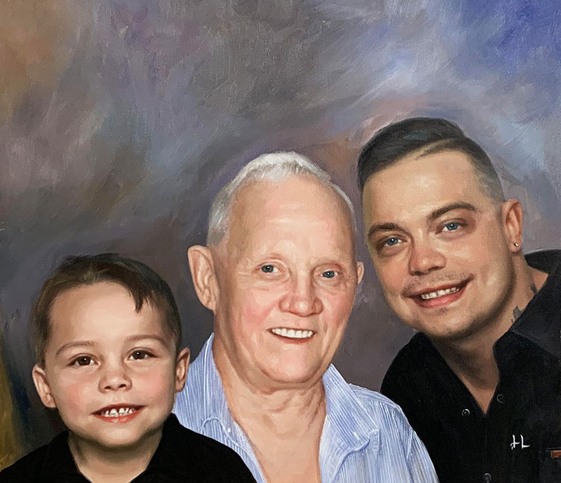 Oil painting portrait of three generations of a family: a young boy, an older man, and a middle-aged man.