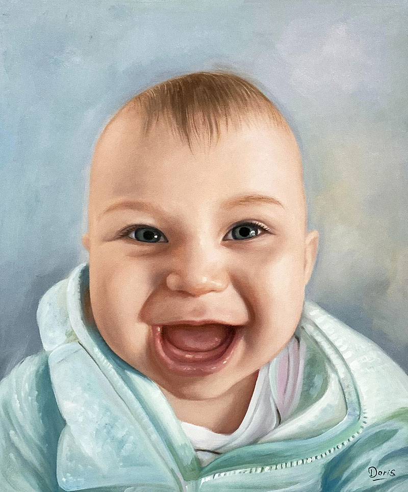 Close up oil portrait of a smiling baby