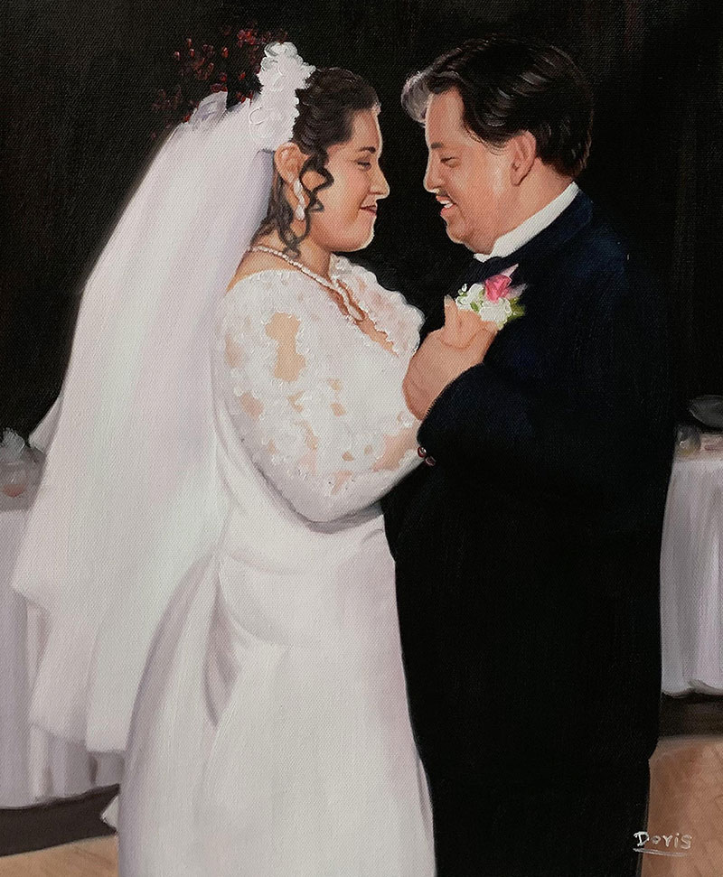 Beautiful oil painting of a just married couple