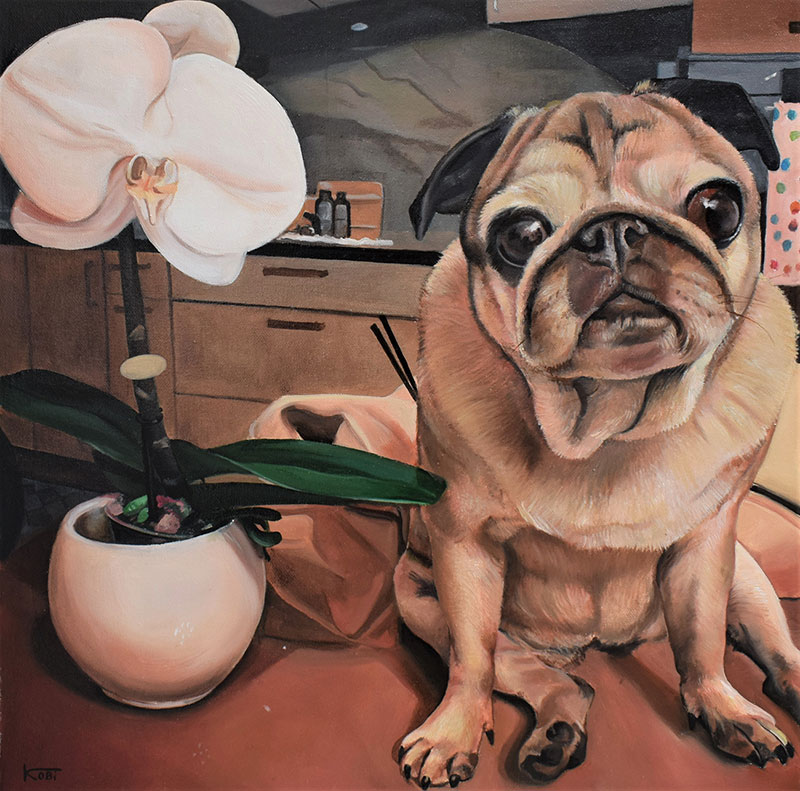 Painting of a pug sitting next to a white orchid in a pot.