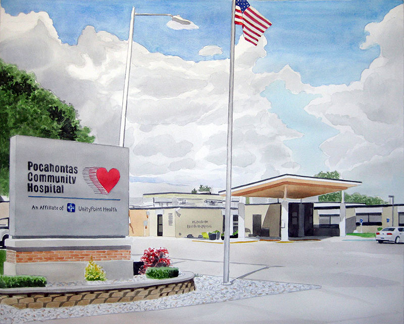 custom watercolor painting of Pocahontas Community Hospital