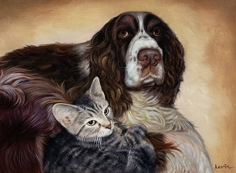custom acrylic painting of brown dog with grey cat