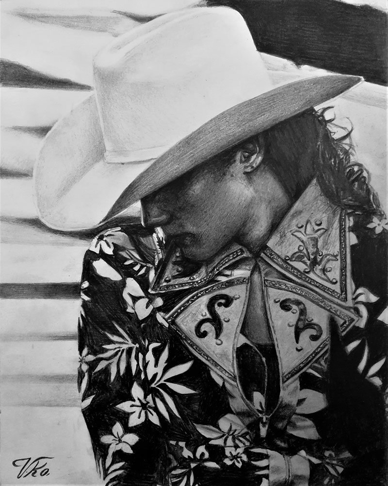 Beautiful black pencil drawing of an adult with cowboy hat
