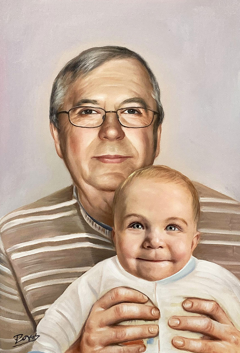 Beautiful oil painting of a grandfather and a grandchild