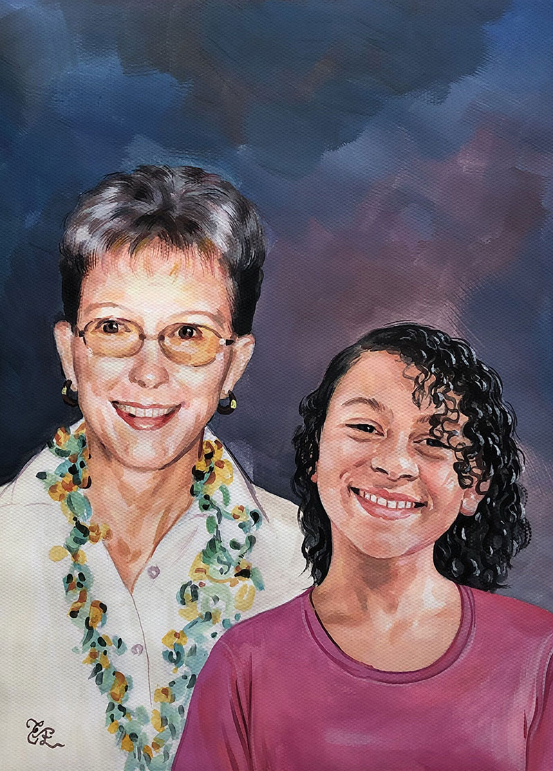Beautiful pastel painting of a mother and a daughter