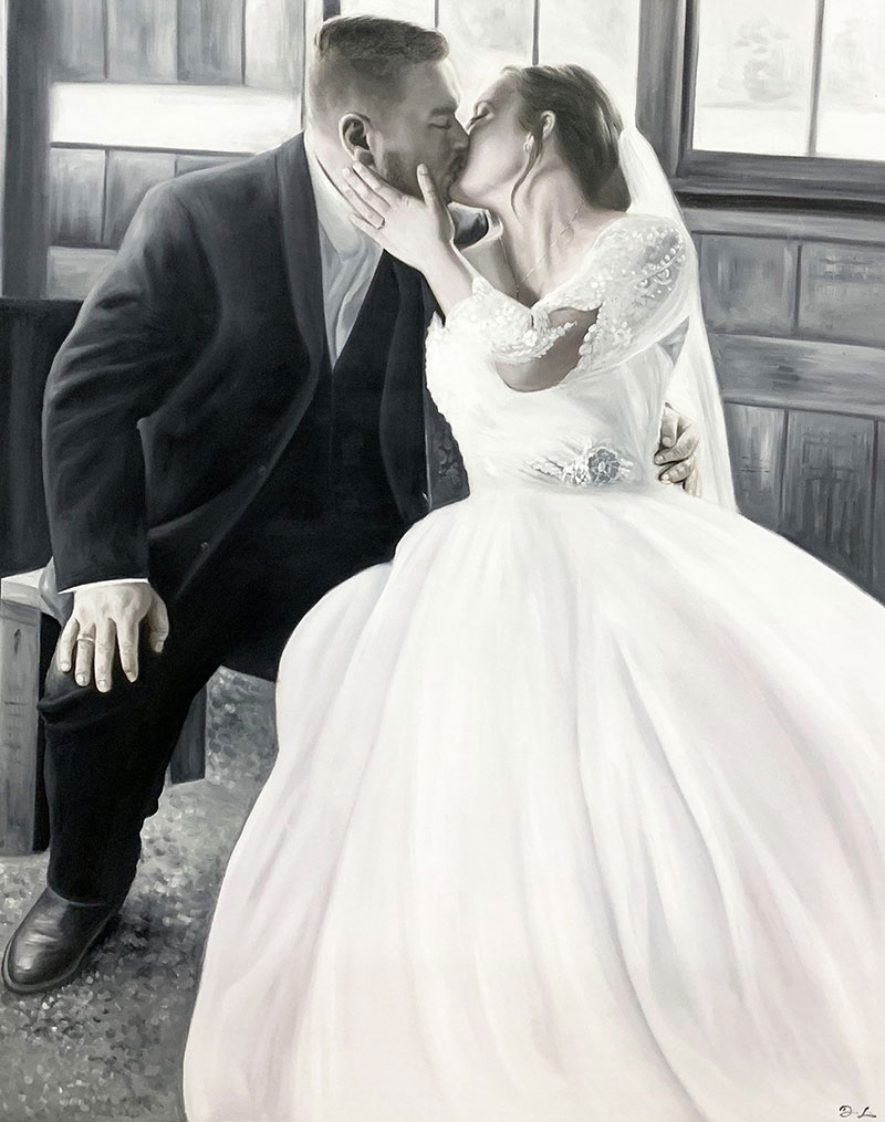 Gorgeous acrylic painting of a just married couple