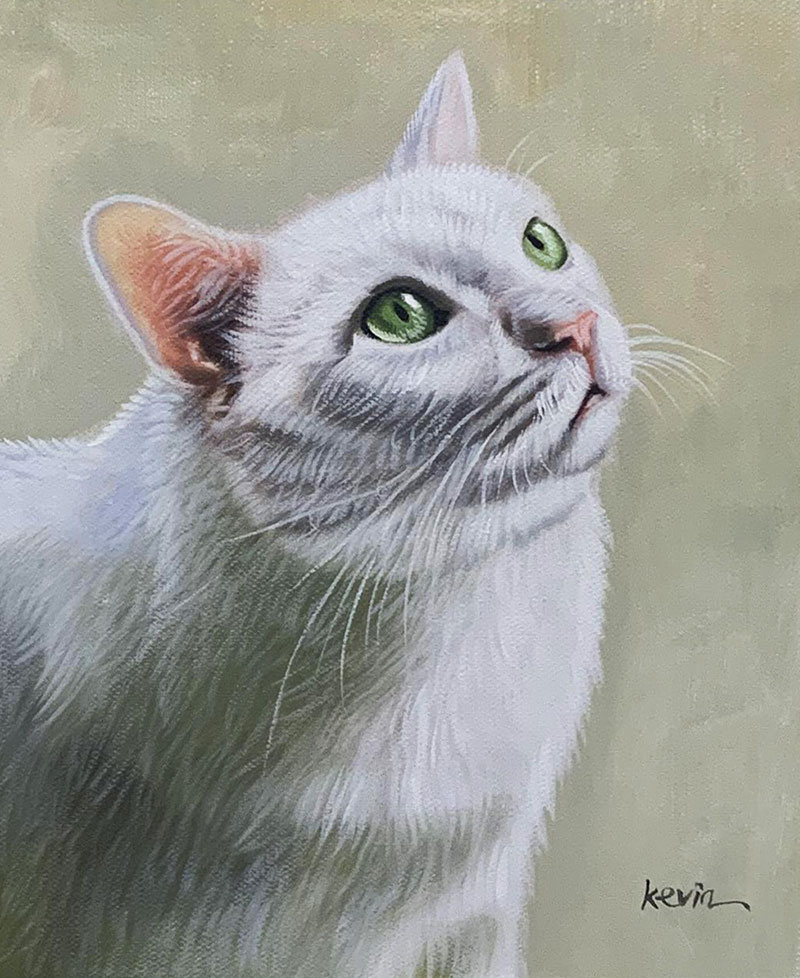 Painting of a white cat with green eyes looking upward