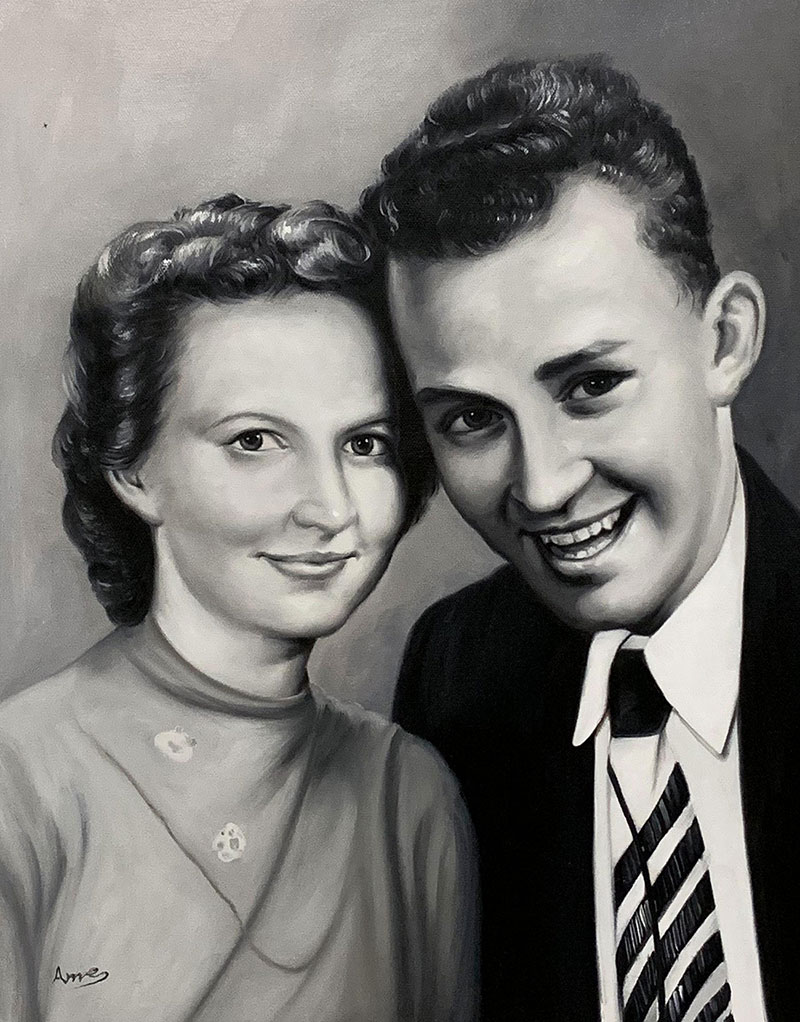 Beautiful vintage oil painting of a smiling couple
