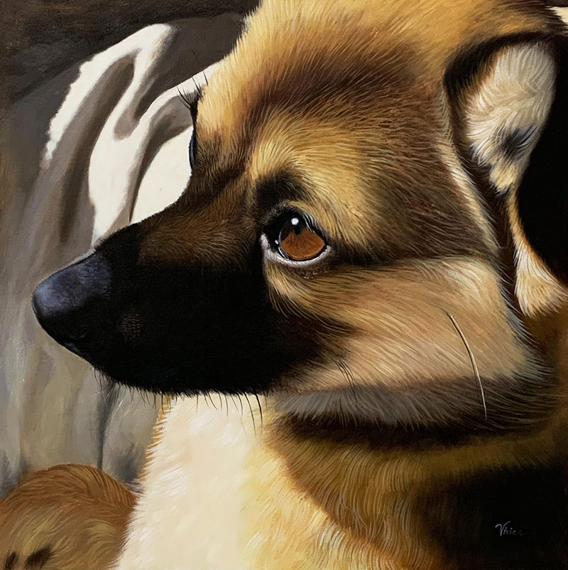 Painting of a dog`s head and shoulders