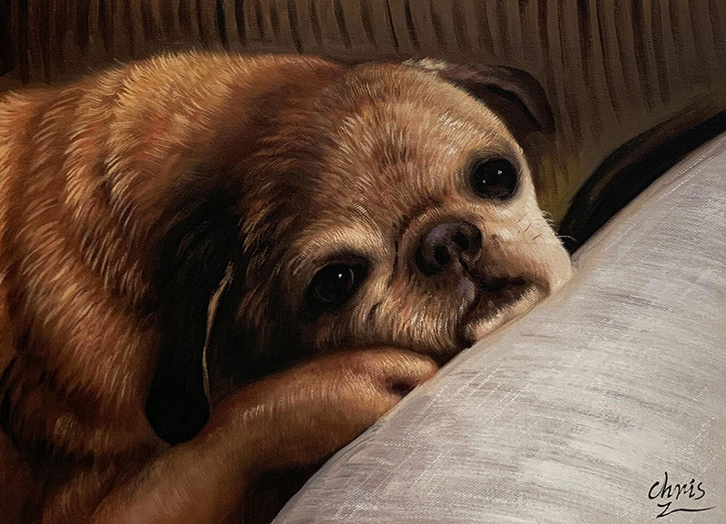 Painting of a brown pug resting its head on a pillow.