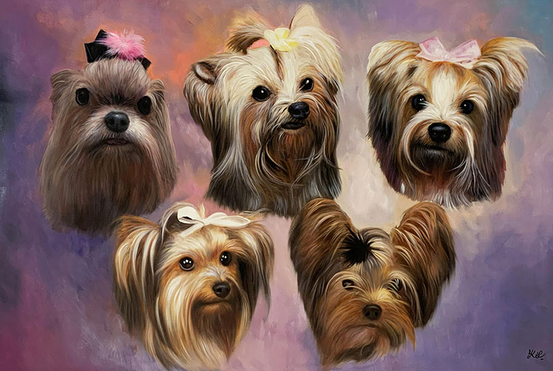 Painting of five small dogs, one appears to be a Shih Tzu, the others Yorkshire Terriers.