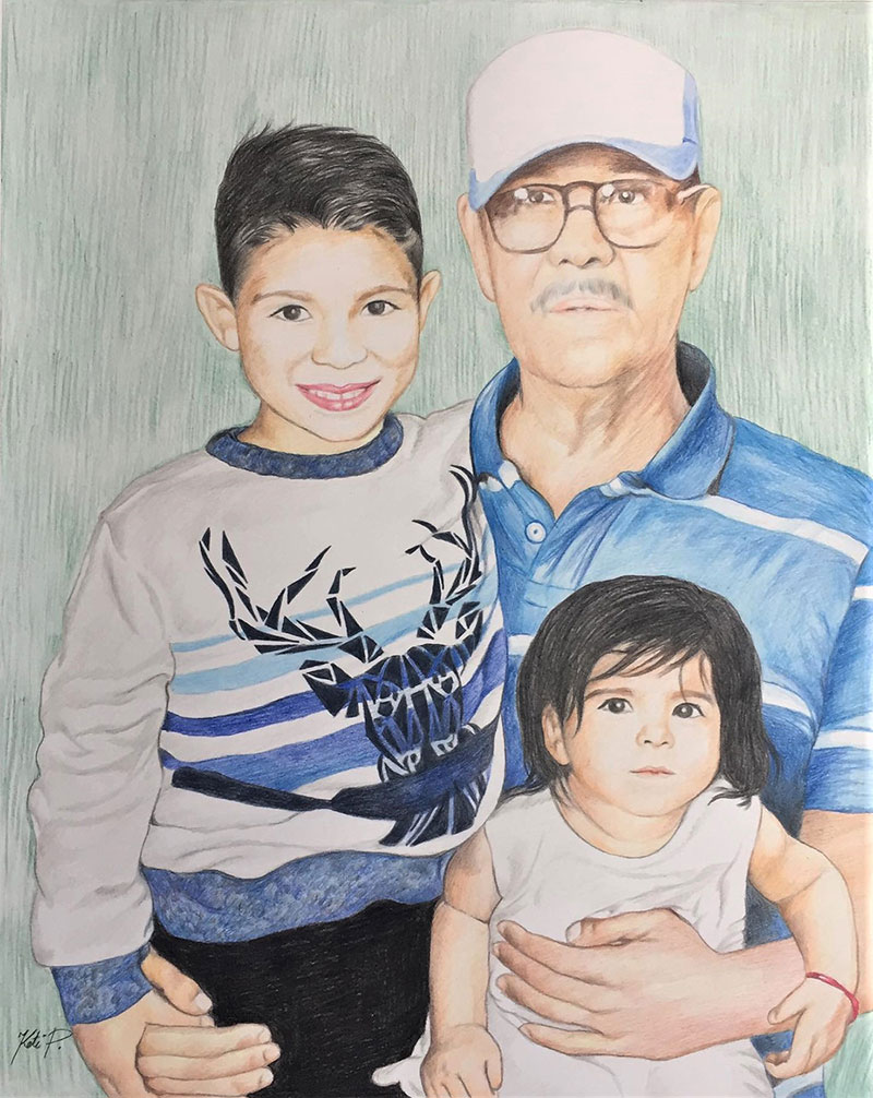 Beautiful color pencil artwork of a grandfather and children